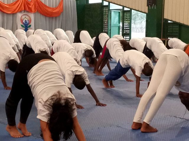 une posture du yoga exécutée par des pratiquants lors de la journée internationale du Yoga