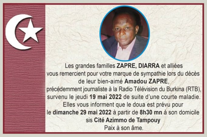 Décès de Amadou Zapré: le doua pour ce 29 juin