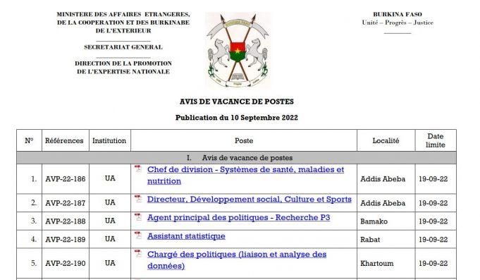 Avis de vacance de postes