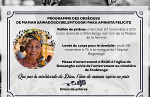 Décès de Paka Aminata Félicité Sawadogo/Belemtougri: le programme des obsèques