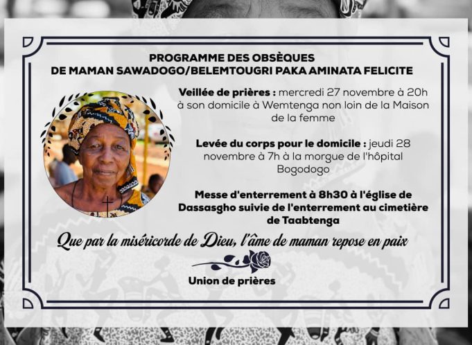Décès de Paka Aminata Félicité Sawadogo/Belemtougri: le programme des obsèques