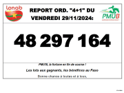 Info LONAB: 48 297 164 F CFA, report ordre du 4+1 du Vendredi 29 novembre 2024. Bonne chance. « PMU’B, la fortune en fin de course »!