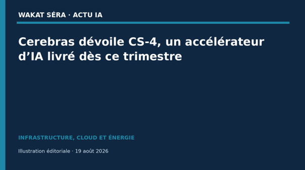 Illustration du rack CS-4 et de ses trois modules de calcul sur tranche de silicium. Illustration éditoriale — conception : rédaction Actu IA; informations : Cerebras.