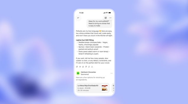 Exemple officiel d’une publicité identifiée sous une réponse de ChatGPT. Visuel : OpenAI — exemple institutionnel de format publicitaire ; droits de réutilisation à confirmer avant publication