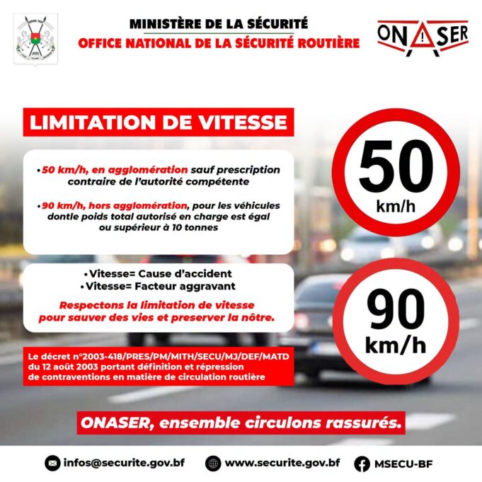 Burkina: c’est 50 km/h en ville et 90 km/h hors agglomération!